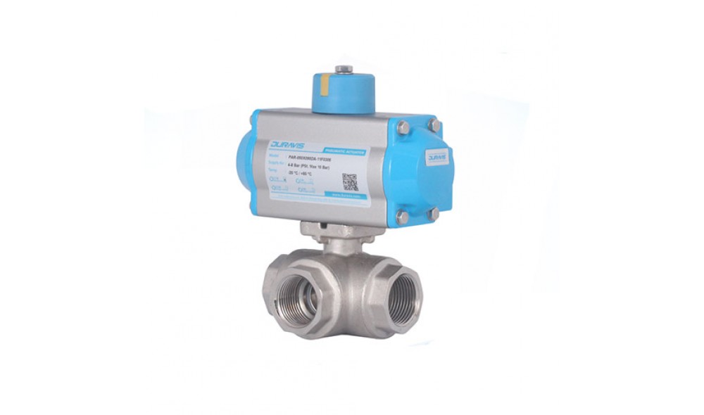 DURAVIS 3/2 Way L Port Threaded Brass Ball Valve with Pneumatic Actuator.